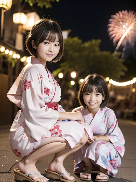 ２People Girls, Light pink Japanese yukata、16 and 14 years old、geta、((Riverbank))、(((Both of them are squatting with the hems of their yukatas lowered to their feet.)))、(((firework)))、night、Short Hair、bangs、A large pink monochromatic flower pattern on a yukata、Very cute face、Very cute smile、night、depth of field, first-person view, f/1.8, 135mm, Nikon, UHigh resolution, retina, masterpiece, Accurate, Anatomically correct, Attention to detail, Super Detail, high quality, 最high quality, High resolution, 1080P, High resolution, 4K, 8k