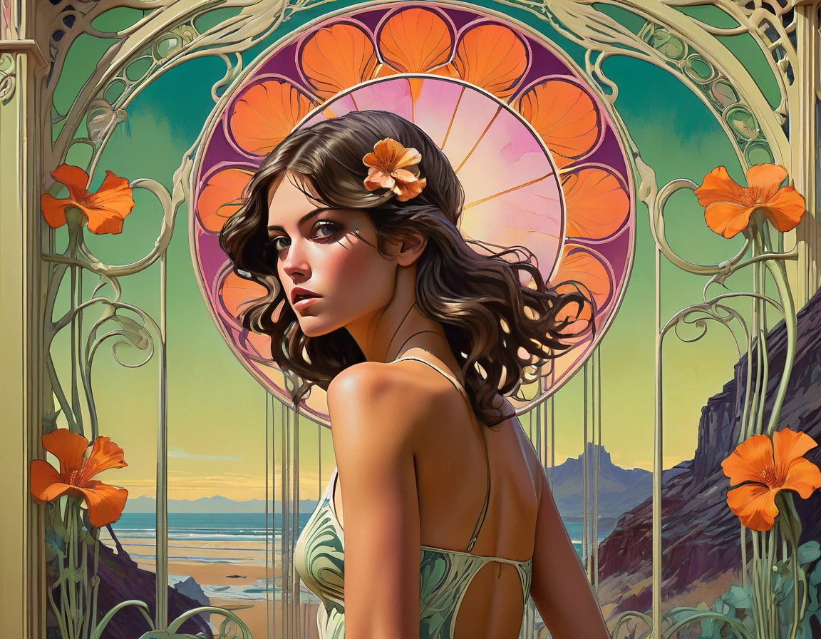 art nouveau poster full body nudé alejandra guilmant beside afluid  jugendstil psychedelic mural painted by darren grealish robert mcginnis and Kevin Wada detailed, sacred complex background, modern contemporary surreal, open highly enigmatic, rich deep color, dynamic dramatic cinematic light, beautiful grand delicate, sharp focus, extremely aesthetic, glowing, magical, sublime, singular, coherent, pretty, very creative, amazing, epic composition,