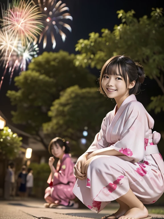 ２People Girls, Light pink Japanese yukata、16 and 14 years old、geta、((Riverbank))、(((Both of them are squatting with the hems of their yukatas lowered to their feet.)))、(((firework)))、night、Short Hair、bangs、A large pink monochromatic flower pattern on a yukata、Very cute face、Very cute smile、night、depth of field, first-person view, f/1.8, 135mm, Nikon, UHigh resolution, retina, masterpiece, Accurate, Anatomically correct, Attention to detail, Super Detail, high quality, 最high quality, High resolution, 1080P, High resolution, 4K, 8k