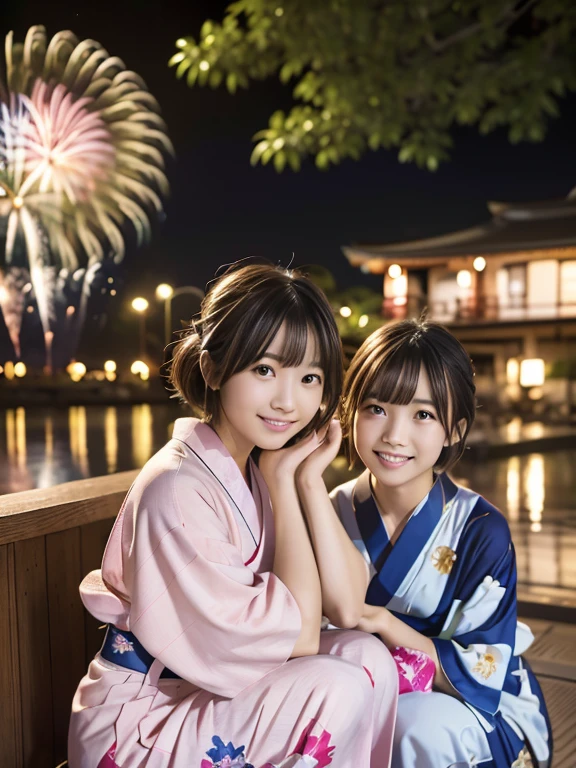 ２People Girls, Light pink Japanese yukata、16 and 14 years old、geta、((Riverbank))、(((Both of them are squatting with the hems of their yukatas lowered to their feet.)))、(((firework)))、night、Short Hair、bangs、A large pink monochromatic flower pattern on a yukata、Very cute face、Very cute smile、night、depth of field, first-person view, f/1.8, 135mm, Nikon, UHigh resolution, retina, masterpiece, Accurate, Anatomically correct, Attention to detail, Super Detail, high quality, 最high quality, High resolution, 1080P, High resolution, 4K, 8k