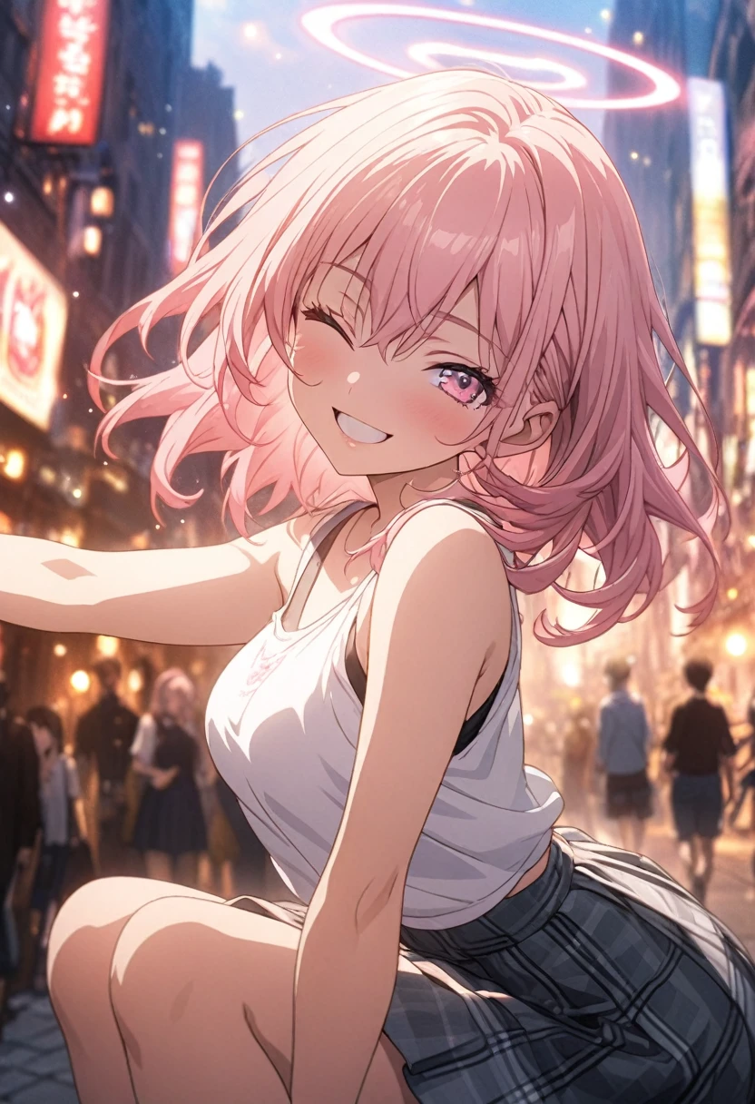 masterpiece, Highest quality, Highly detailed CG Unity 8K wallpapers, High School Girl Anime Illustration, Red and black checked skirt, An oversized tank top that reaches up to the knees、piece sign、she has her eyes closed and mouth open, smile. The background is a realistic city, Pink Hair Color, Pink Eyes, Pink eyelashes, Cowboy Shot, morning, bokeh photography, (soft focus):1.2, out-of-focus highlights, dreamy ambiance, glowing circles, mesmerizing depth