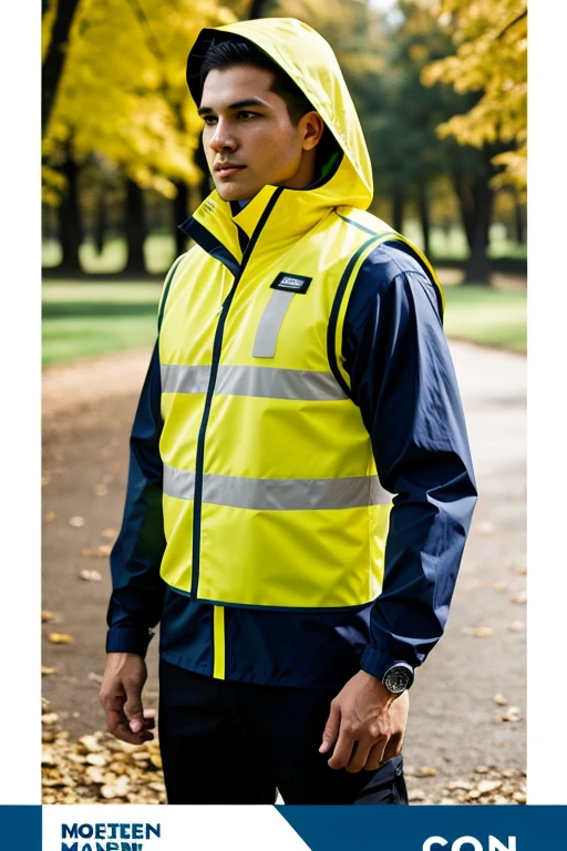 Create me a safety vest with long sleeves and a hood that is waterproof but a cool fabric inside Plus Make it a brochure to sell it