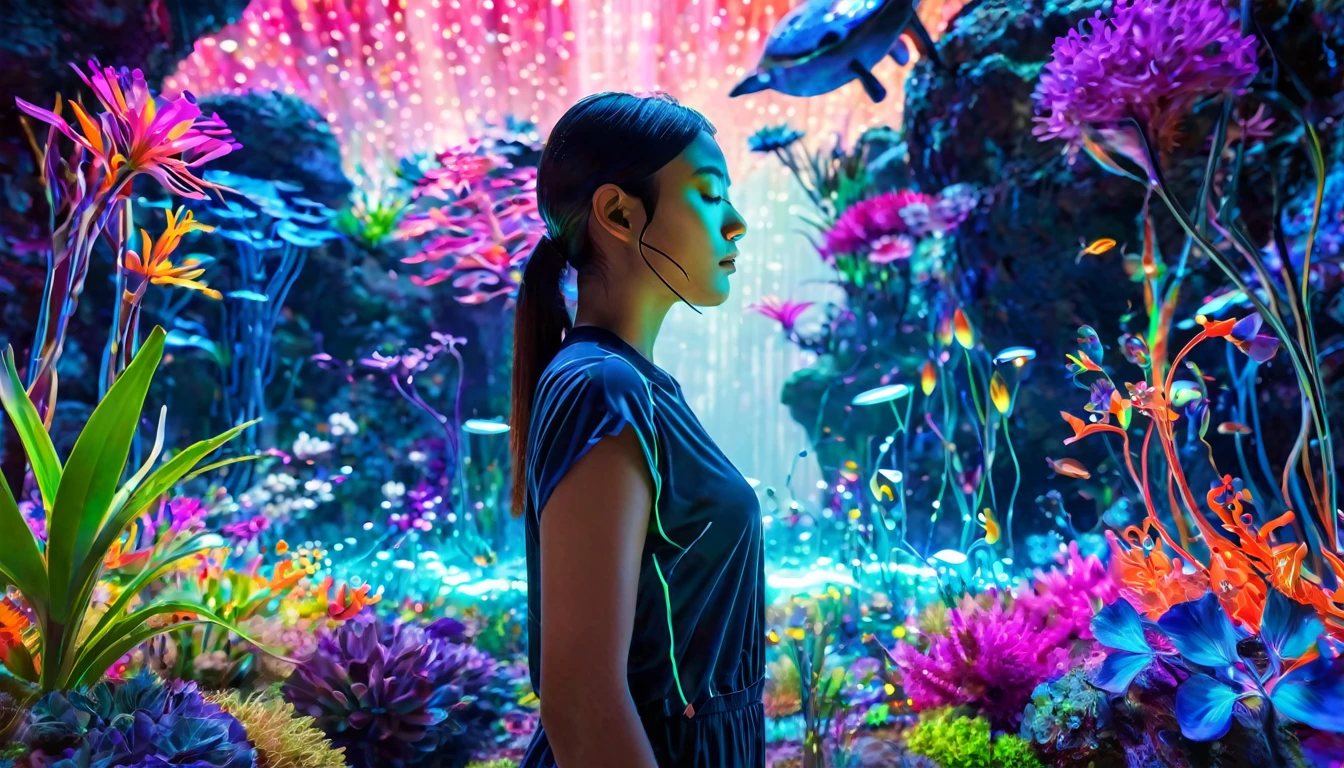 An awe-inspiring, futuristic AR (Augmented Reality) image of a person with their eyes closed, surrounded by a dazzling and colorful digital landscape. The vivid environment, teeming with bioluminescent flora and fauna, seems to materialize around the individual, enveloping them in an immersive experience. The 16:9 aspect ratio captures the full extent of this otherworldly scene, where digital elements seamlessly blend with reality, casting a vibrant and mesmerizing glow.