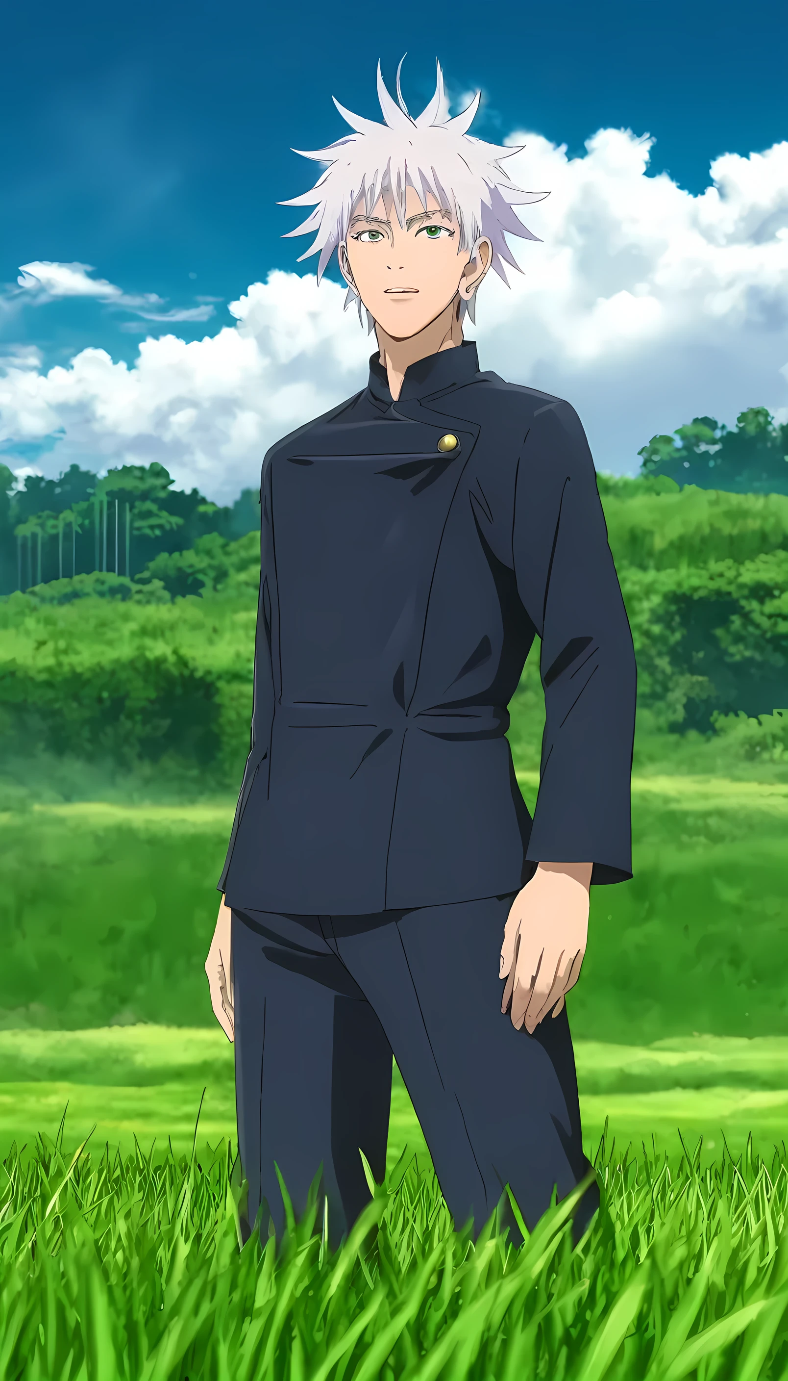 Satoru Gojo from Jujutsu Kaisen, recreated in exact likeness, standing in a lush green grass field, wearing his signature eye cover with sharp, defined facial features and his iconic defiant expression. The background features a clear blue sky with a few fluffy clouds and a bright sun shining, creating dramatic shadows and highlights. The scene is tranquil, with rolling green hills and a pathway leading through the grass.