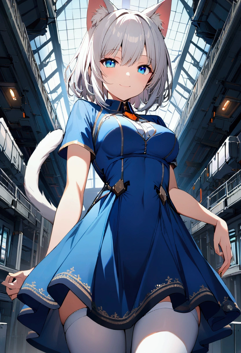 1girl with (((long))) white hair, blue eyes, slim body, blue dress, cat ears, cat tail, steel hall, medium breasts, white stockings, smiling, spaceship, indoors, face focus