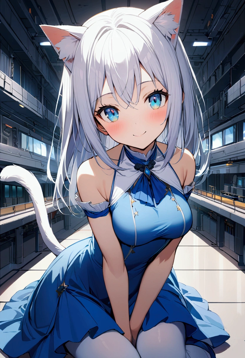 1girl with (((long))) white hair, blue eyes, slim body, blue dress, cat ears, cat tail, steel hall, medium breasts, white stockings, smiling, spaceship, indoors, face focus