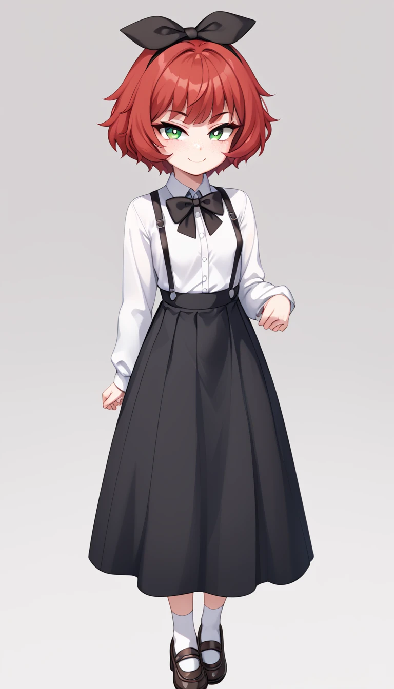 1 Girl, Small Breasts, Green Eyes, Heart Eyes, Deep Red Hair, Short Hair Style, Pale White Skin, Smooth Skin, Face Freckles, Slutty, Sexy, Sassy, Smirking, Tease, Teasing, Teasing, Sexy Pose, Young Girl, Very Small Girl, 8 Years Old, socks, black skirt, long hair, white shirt, suspender skirt, white socks, long sleeves, ribbon, suspenders, standing, ruffles, black ribbon, bow , black bow tie, long skirt, black bow, neck ribbon, bowtie, 