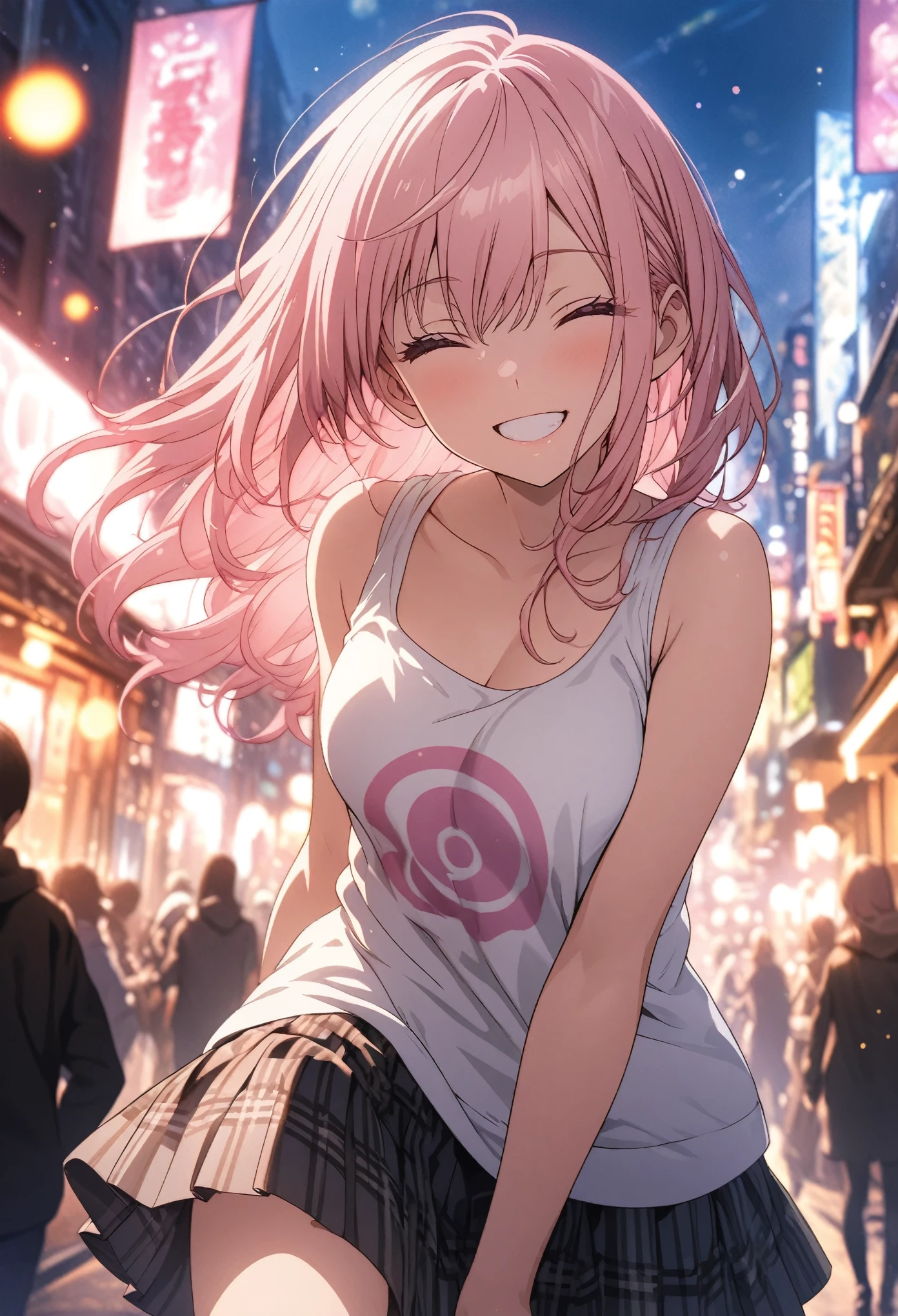 masterpiece, Highest quality, Highly detailed CG Unity 8K wallpapers, High  Girl Anime Illustration, Red and black checked skirt, An oversized tank top that reaches up to the knees、piece sign、she has her eyes closed and mouth open, smile. The background is a realistic city, Pink Hair Color, Pink Eyes, Pink eyelashes, Cowboy Shot, morning, bokeh photography, (soft focus):1.2, out-of-focus highlights, dreamy ambiance, glowing circles, mesmerizing depth