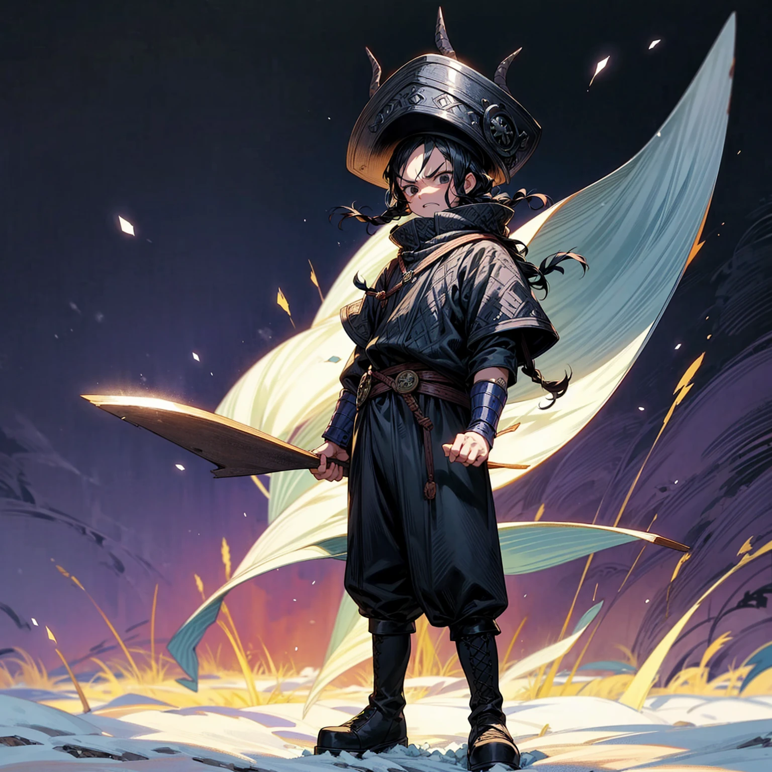 Grassroot, Full body version, solo,  boy, black eyes, black hair, long curly hairstyle, Vikings style clothing, boots, Vikings helmets, full background in field snow, (one piece style art), standing gesture, angry eyes