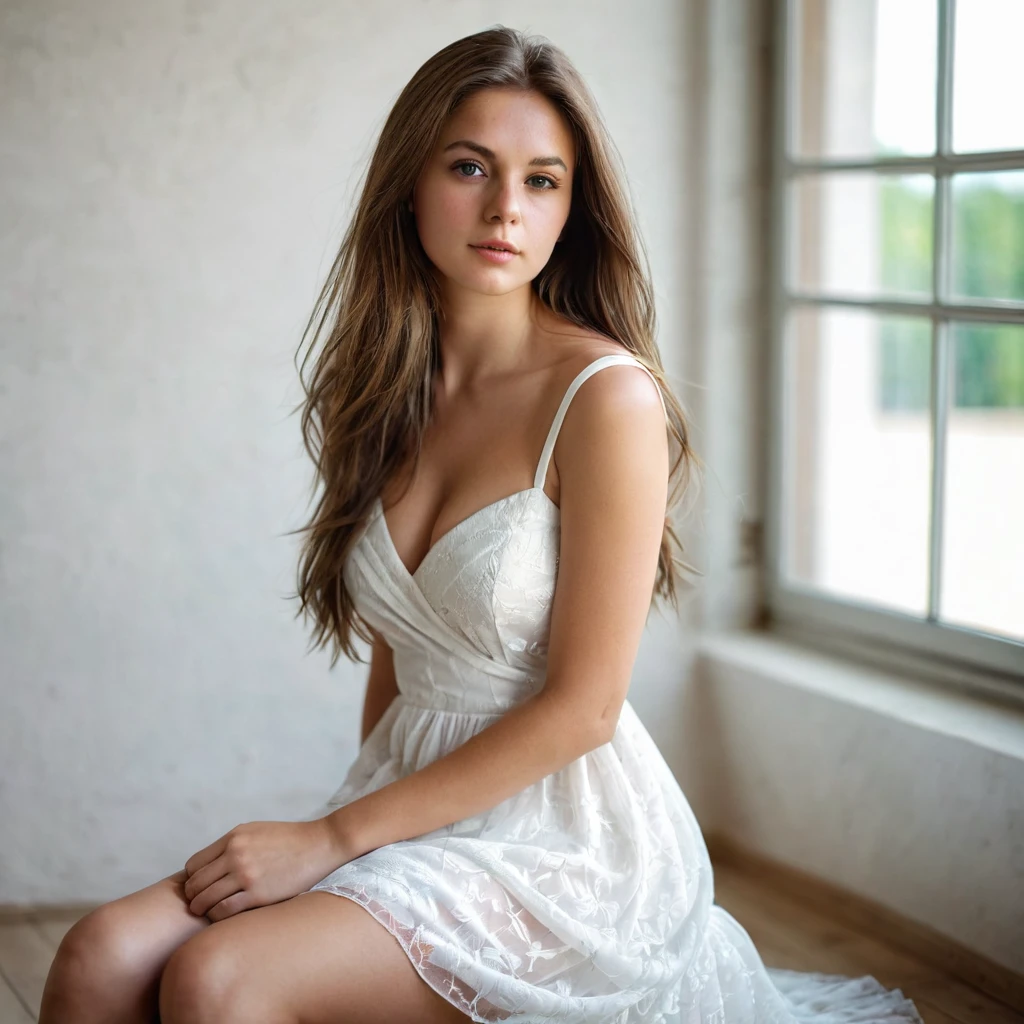 Extreme Beautiful girl from austria, hyperrealistic face, long brown hair, 25 years old, medium breasts, sitting, white dress, crossed legs, dynamic pose, natural light