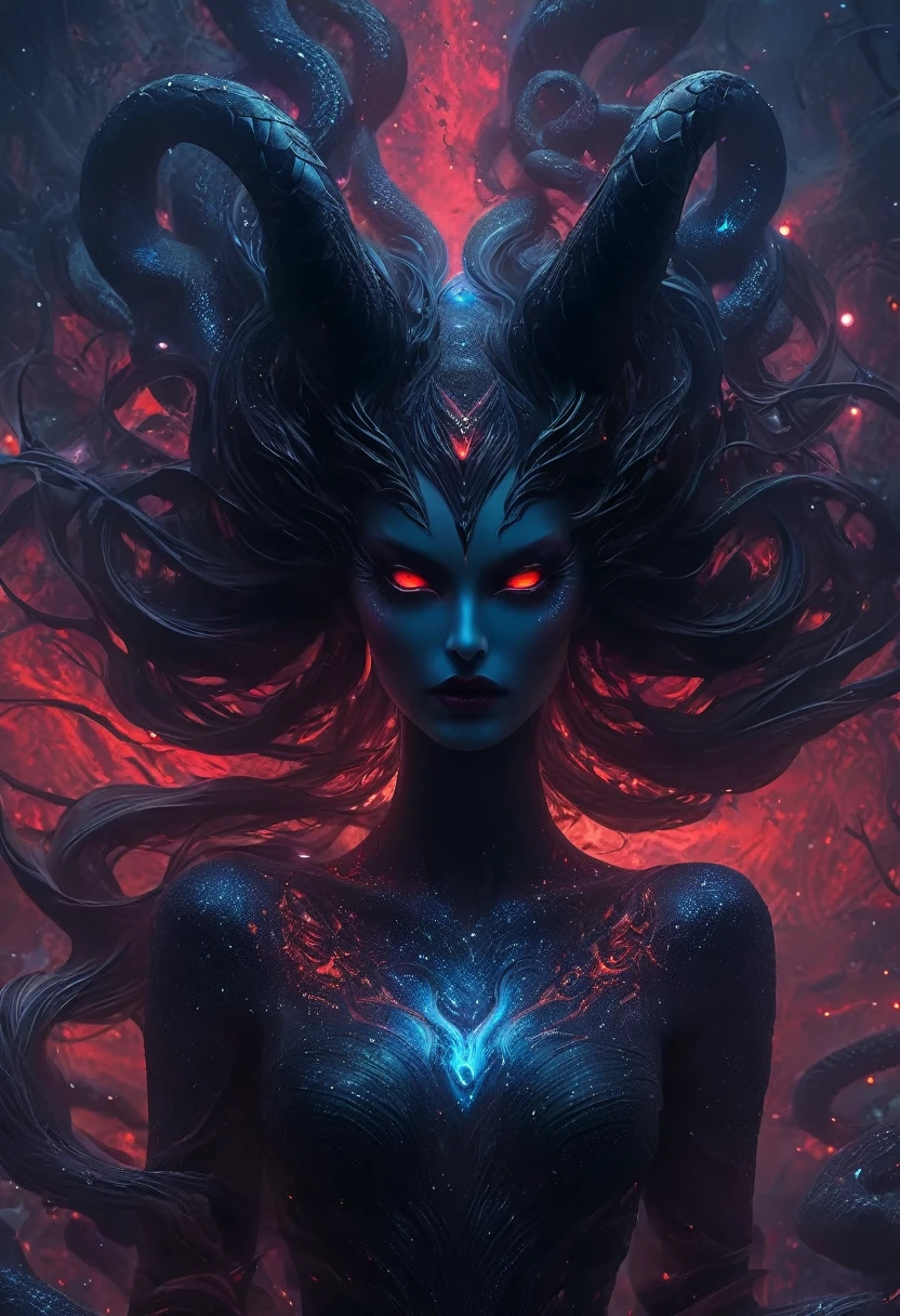 From the depths of space, an insidious demoness appears, her face is scary, but elegant. The intensity of her facial expression matches her pale skin and dark shadows., with acute, elongated fangs. (Super long, extremely detailed) Her body is covered with snake eyes., and her flowing black hair falls in long cascades, Ripples of the waves. Her eyes sparkle an ominous red, and her claws are mercilessly sharp. she is surrounded by a dark aura, Creating an ominous atmosphere. This demon-like entity stands against a cosmic background, filled with stars and galaxies., Celestial Landscape, imbued with mysterious energy and unearthly light. She radiates otherworldly beauty, simultaneously cursed and fascinating., her tongue and scales are serpentine in nature. Her luminous black wings are decorated with intricate patterns and black feathers with a metallic sheen... Jagged mountain ranges form its silhouette., and a captivating luminous forest with twisted trees envelops her. Phosphorescent flora and fauna, Blood Red Moon, broken dimensions and portals, Crackling electricity and energetic sparks create an unforgettable and deceptive beauty.. The woman has manipulation and supernatural abilities., her charm is both mysterious and seductive, powerful and unbridled. She inspires awe and reverence, a mixture of gothic and surreal artistic styles. With bright contrasting colors, black and red color palette paints the scene. Dramatic lighting and dark shadows play into this picture of light and dark..