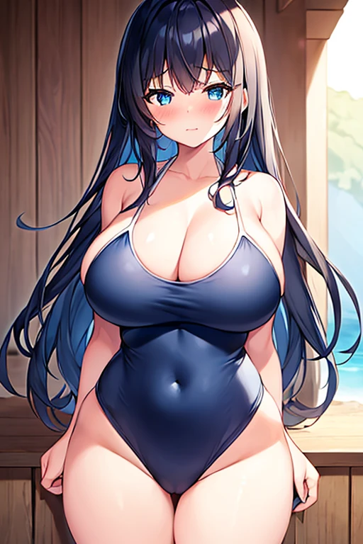 1girl, large breasts, thick thighs, wide hips, blush, blushing, wavy mouth, shy, timid, blue eyes, dark blue hair, black hair, black swimsuit, one-piece swimsuit, blue trim, light blue trim, from behind, bare legs, mature female, tall