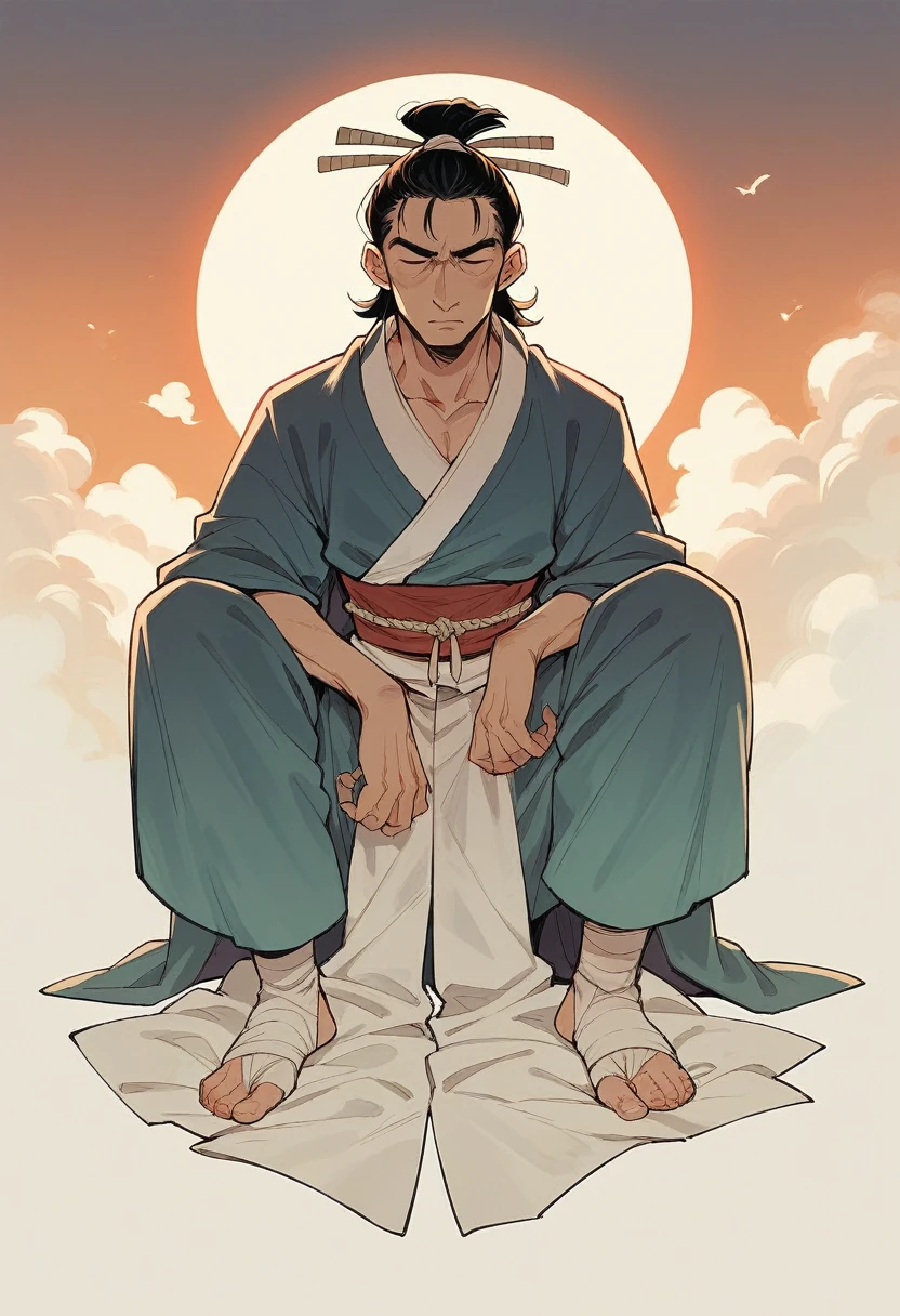A samurai meditating on his knees looking at the sunset