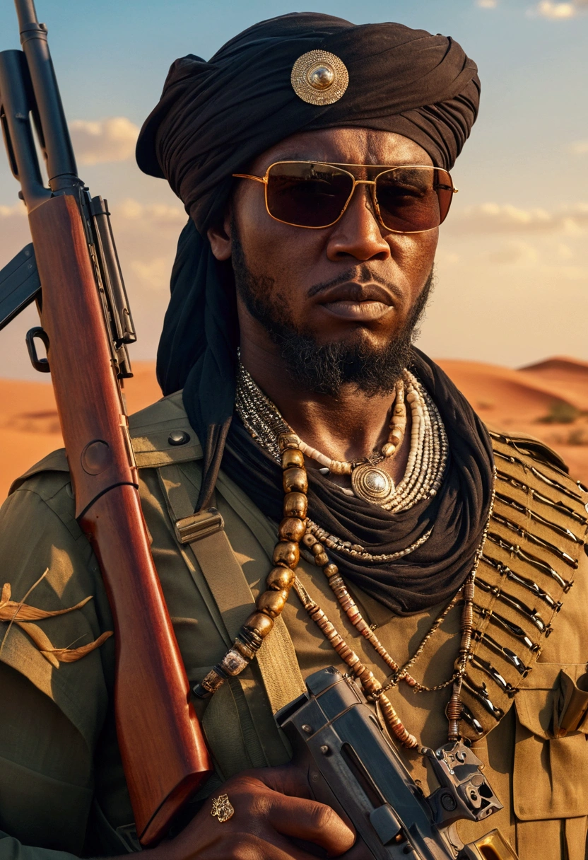 African military man is in the desert in the middle of the sunset, serious expression, wears sunglasses, black turban, many necklaces, belt with bullets, holds a Kalashnikov assault rifle, is in the African savanna, Ultra detailed, hyper realistic, 4k, Ultra detailed image, realistic, Highly detailed, perfect composition, Splendid, Intricately detailed, Incredibly detailed, 8K fine art photography, hyper detailed, Masterpiece, Ultra detailed, hyper realistic, 4k, Ultra image detailed, realistic, highly detailed , perfect composition, gorgeous, incredibly detailed, detailed, 8K fine art photography, hyper-detailed, masterpiece