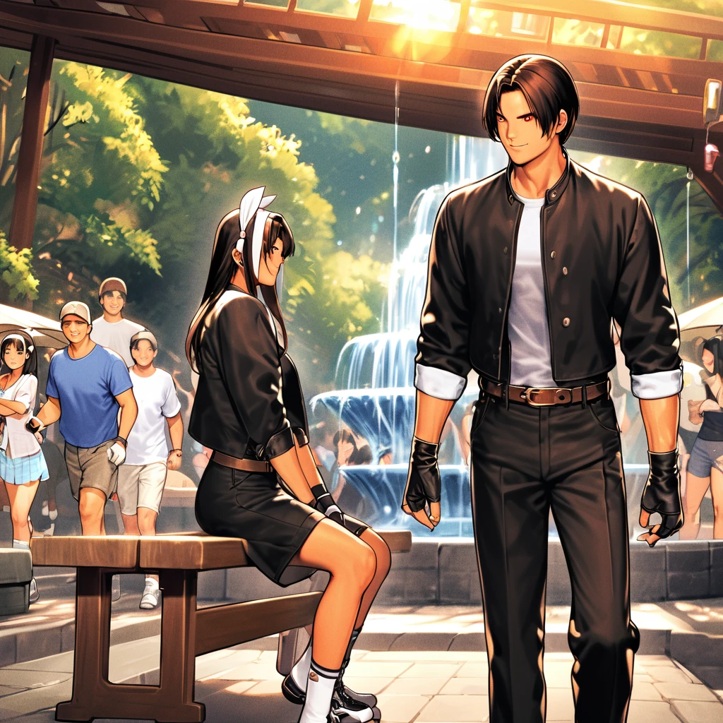 Orochikyo、Dark Skin、Red eyes、Black jacket、Fingerless gloves、White T-shirt、Black parting、White headband、Black trousers、White shoes、Brown belt、good looking、indoor、Charming、masterpiece、High resolution、Detailed face、Fine grain、A confident smile、Blue sky at noon、Park with a fountain、Men and women sitting side by side on a bench、同じ服装でDark Skin、A happy atmosphere