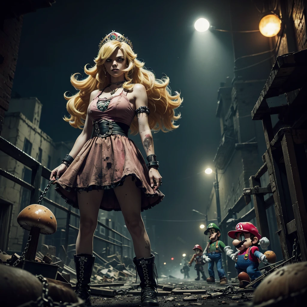 "Create a gritty, punk-style image featuring three characters: a distressed version of Princess Peach with long blonde hair, wearing a torn pink dress with a crown logo, and chains around her wrists. She stands between zombie-like versions of Mario and Luigi, both in their signature outfits but looking ragged and chained. The background is dark and grungy with a post-apocalyptic vibe. Include the 'Super Mario' and 'Super Nintendo' logos, a floating 1-Up mushroom, and other small details enhancing the dark theme. Use a detailed and somewhat grotesque comic book art style with heavy shading and textures."