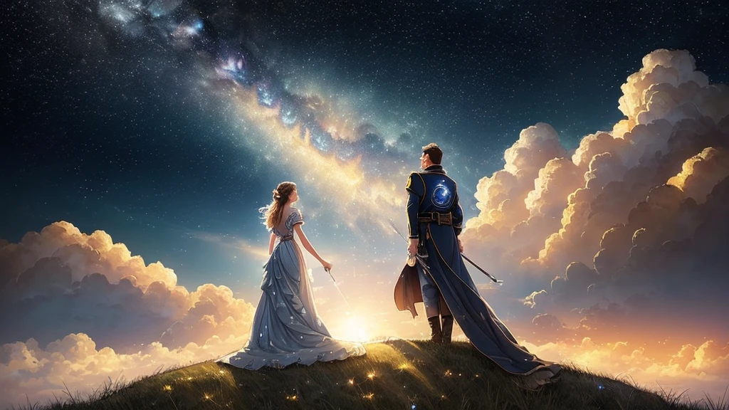 (((masterpiece))),Best Quality, illustration, sky, cloud, star \(symbol\),1 man, 1 girl, couple, intimate, lovers, evening, officer, evening sky, star y sky, Vibrant color scheme, luz outfit,(warm color:1.2),watercolor painting, light background, Best Quality exquisite details, 3D rendering,r octane straightening, plano general, from behind