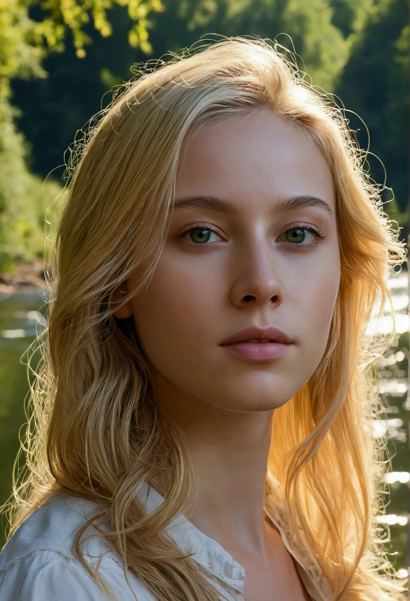 Une belle fille aux cheveux blonds,face detailed portrait,green forest background,debout au bord de la rivière Pilica,serene river landscape,Jour d'summer,chaud soleil,soft shadows,Photorealistic,intricate details,Cinematic lighting,head of'artwork,super detailed