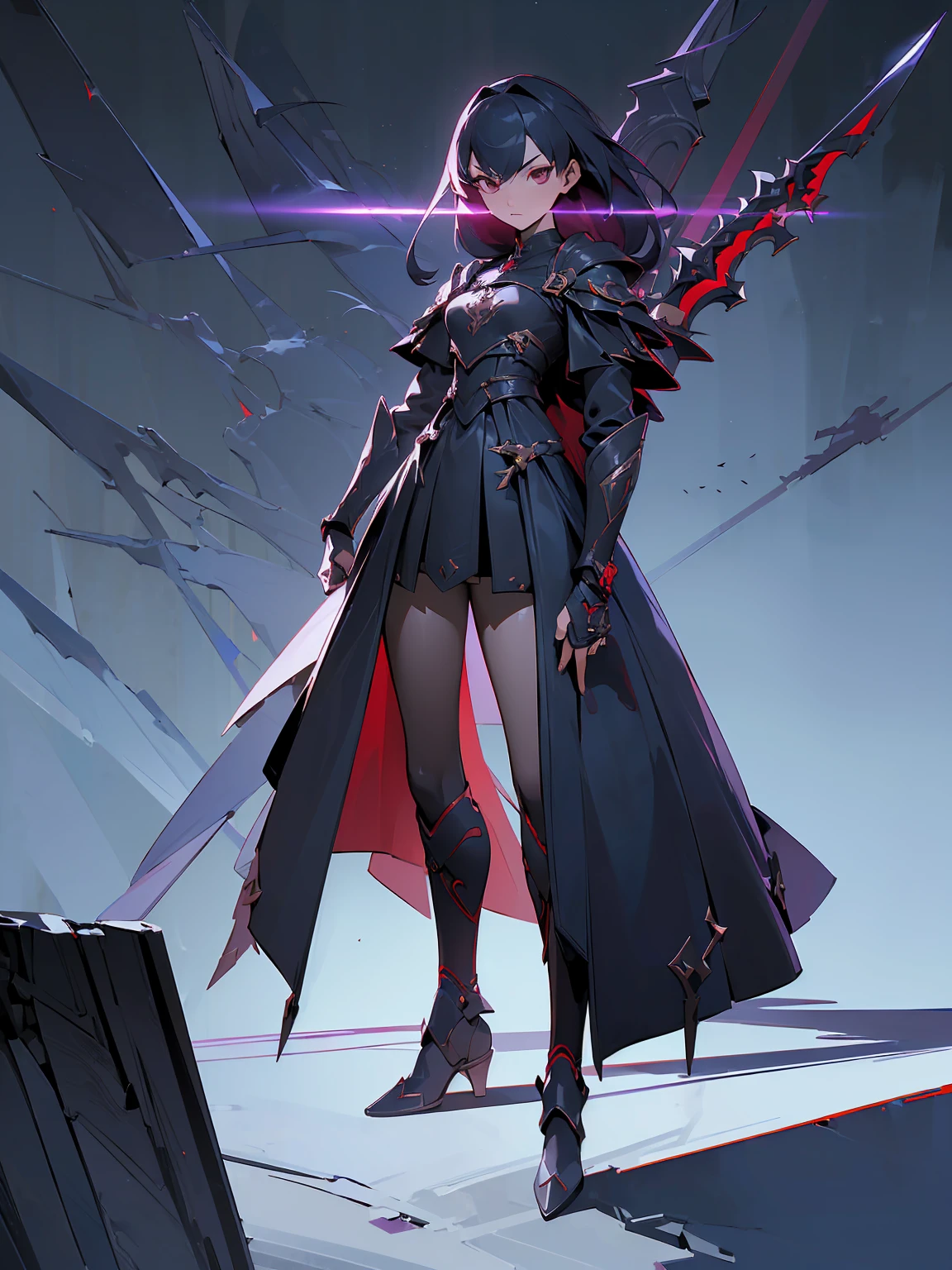 (((masterpiece, best quality, high detailed, 8k))) Design a layout showcase Gaming character, (1girl). Red|Black clothes, stylish and unique. ((showcase weapon:1.4)), enchanted sword. (masterpiece:1.2), (best quality), 4k, ultra-detailed. (Step by step design, layout art:1.5), (luminous lighting, atmospheric lighting). warrior, ((glove full hands)), (((revealing clothes:1.3))), vambraces, armored legwear, (((full_body_shot:1.4))). {In a mystical forest}.
