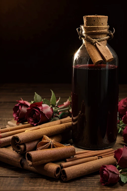 create an image that has these cinnamon ingredients ,red wine , Honey , Red roses 