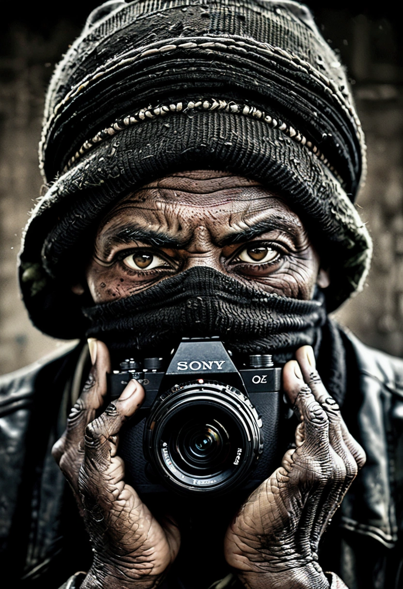 analog style, model photography style, RAW portrait of a palestine soldier covering his face with a black ski mask in his face and with a tank as background, best quality, epic (by photo by Lee Jeffries, sony a7, 50 mm , pores: 1.5, colors, hyperdetailed: 1.5, film grain: 1.4, hyperrealistic: 1.5), hyperrealistic texture, masterpiece, unreal engine 5, extremely detailed CG unit 4k wallpaper, realistic eyes, insanely detailed photo, no shadows, (Winner of Pulitzer Prize for Photography and Taylor Wessing Photographic Prize)