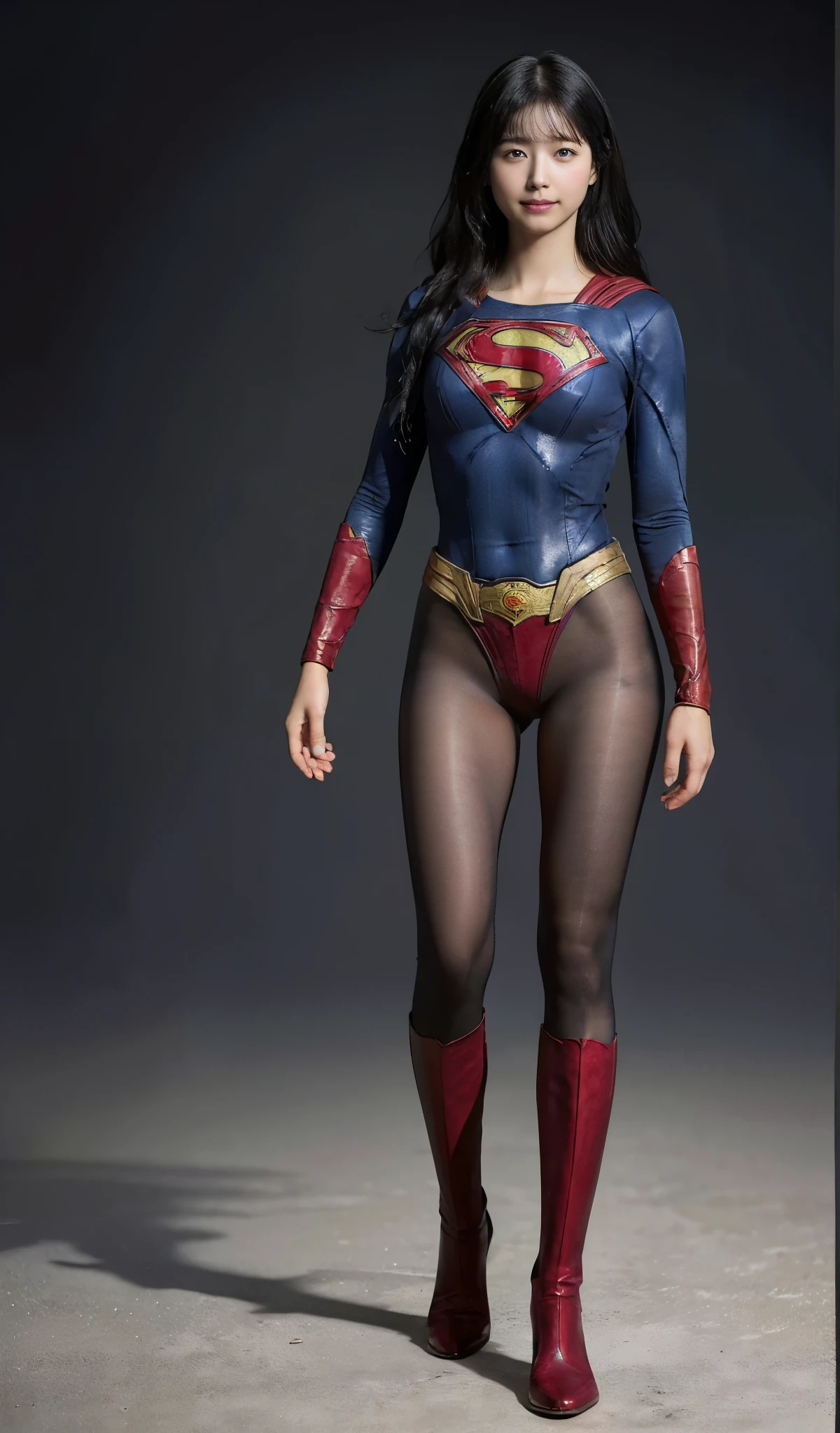 No background、(((Beautiful legs in black tights.)))、(((Legally express the beauty of your smile)))、((((Make the most of your original images)))、(((Supergirl Costume)))、(((Beautiful Hair)))、(((suffering)))、(((Please wear black tights....、Wear red boots)))、((Best image quality、8k))、((Highest quality、8k、masterpiece:1.3))、(((Preserve background )))、Sharp focus:1.2、Beautiful woman with perfect figure:1.4、Slim Abs:1.2、Wet body:1.5、Highly detailed face and skin texture、8k