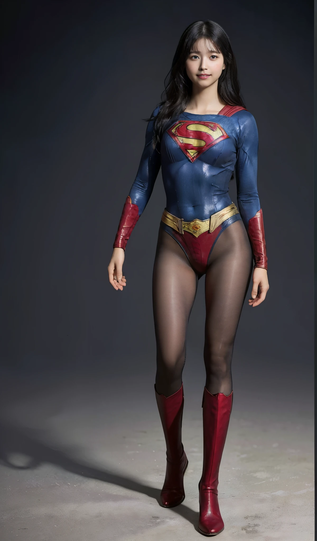 No background、(((Beautiful legs in black tights.)))、(((Legally express the beauty of your smile)))、((((Make the most of your original images)))、(((Supergirl Costume)))、(((Beautiful Hair)))、(((suffering)))、(((Please wear black tights....、Wear red boots)))、((Best image quality、8k))、((Highest quality、8k、masterpiece:1.3))、(((Preserve background )))、Sharp focus:1.2、Beautiful woman with perfect figure:1.4、Slim Abs:1.2、Wet body:1.5、Highly detailed face and skin texture、8k