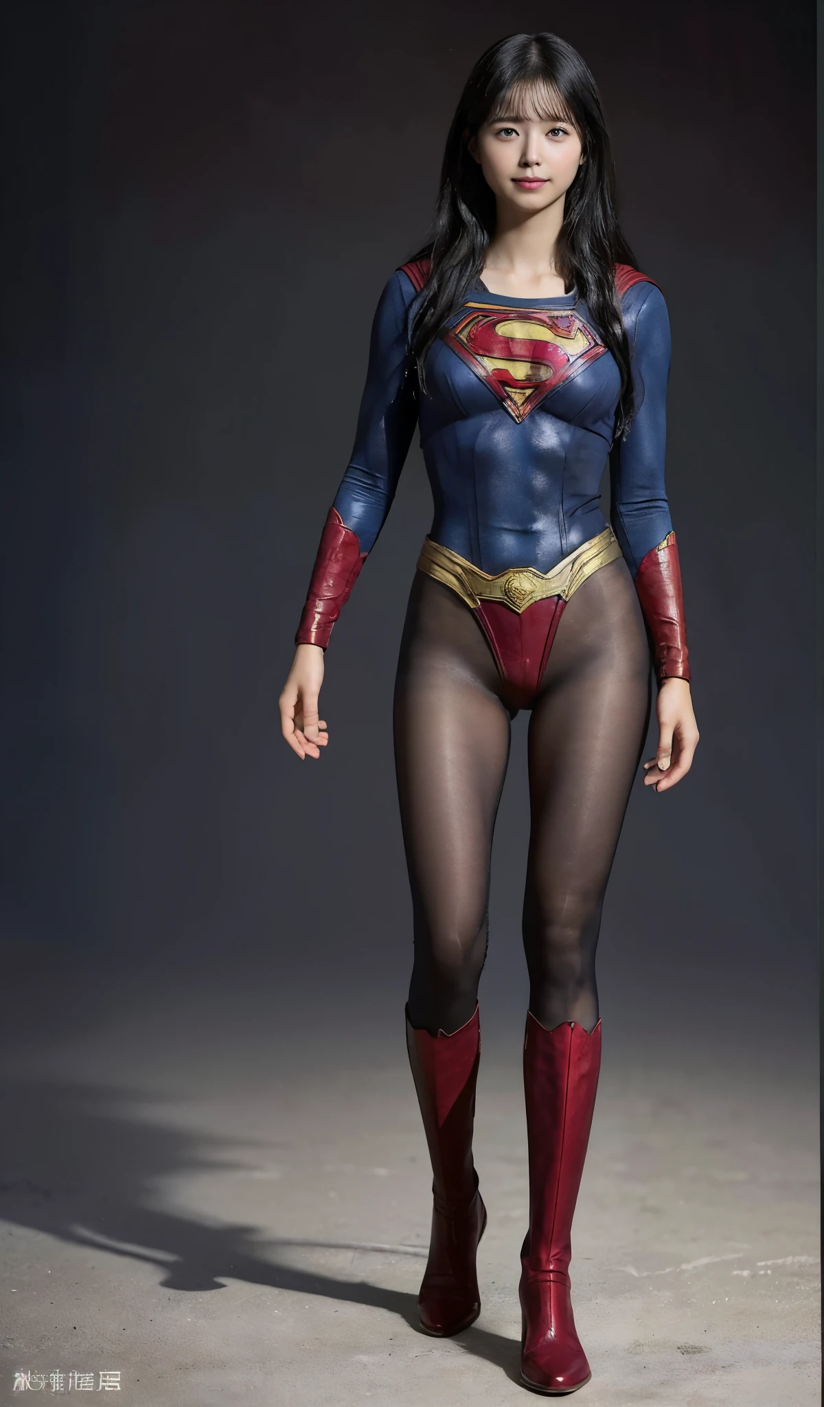 No background、(((Beautiful legs in black tights.)))、(((Legally express the beauty of your smile)))、((((Make the most of your original images)))、(((Supergirl Costume)))、(((Beautiful Hair)))、(((suffering)))、(((Please wear black tights....、Wear red boots)))、((Best image quality、8k))、((Highest quality、8k、masterpiece:1.3))、(((Preserve background )))、Sharp focus:1.2、Beautiful woman with perfect figure:1.4、Slim Abs:1.2、Wet body:1.5、Highly detailed face and skin texture、8k