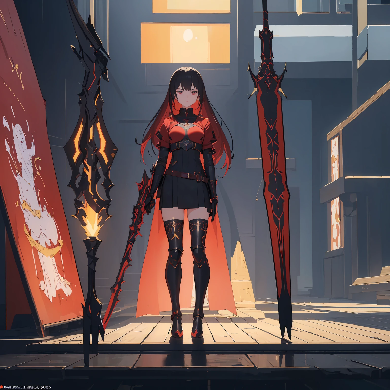 (((masterpiece, best quality, high detailed, 8k))) Design a layout showcase Gaming character, (1girl). Red|Black clothes, stylish and unique. ((showcase weapon:1.4)), enchanted sword. (masterpiece:1.2), (best quality), 4k, ultra-detailed. (Step by step design, layout art:1.5), (luminous lighting, atmospheric lighting). warrior, ((glove full hands)), (((revealing clothes:1.3))), vambraces, armored legwear, (((full_body_shot:1.4))). {In a mystical forest}.
