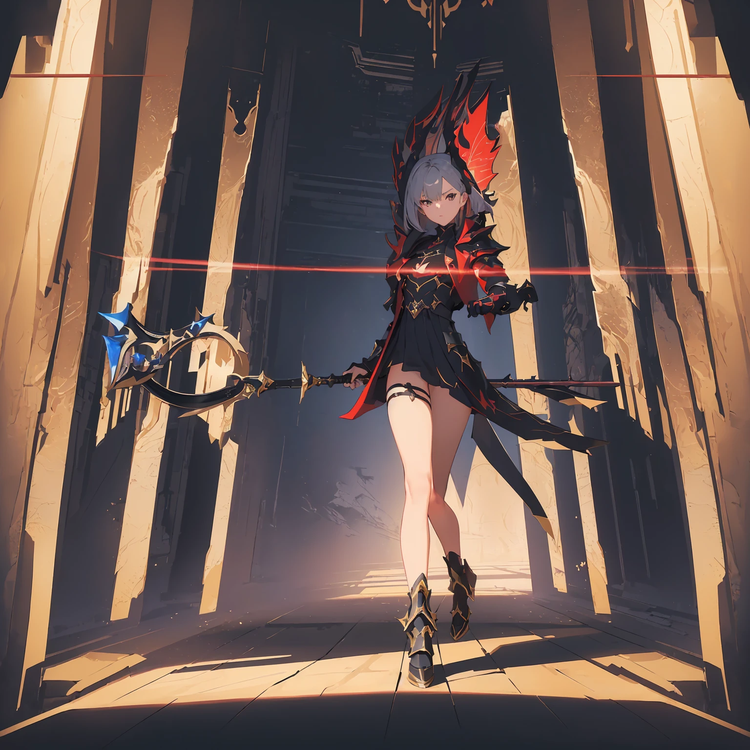 (((masterpiece, best quality, high detailed, 8k))) Design a layout showcase Gaming character, (1girl). Red|Black clothes, stylish and unique. ((showcase weapon:1.4)), enchanted sword. (masterpiece:1.2), (best quality), 4k, ultra-detailed. (Step by step design, layout art:1.5), (luminous lighting, atmospheric lighting). warrior, ((glove full hands)), (((revealing clothes:1.3))), vambraces, armored legwear, (((full_body_shot:1.4))). {In a mystical forest}.