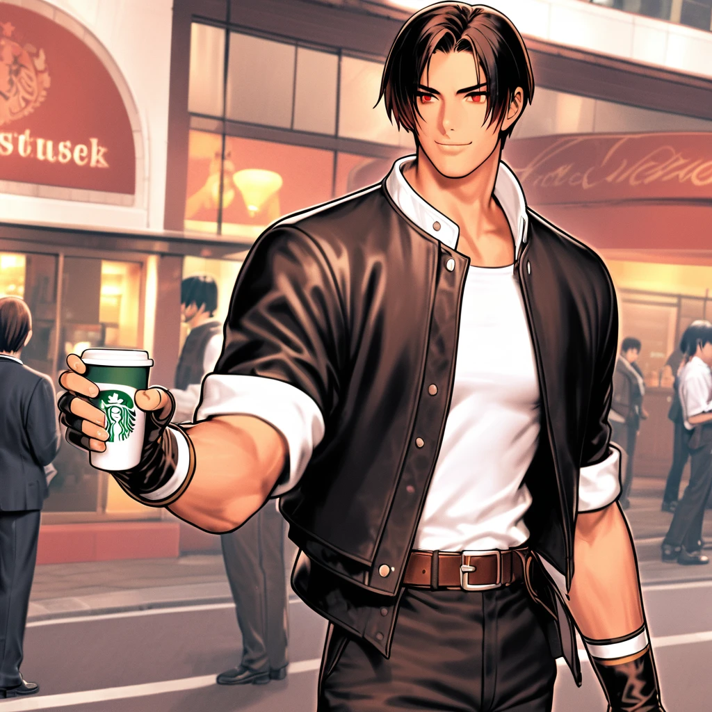 Orochikyo、Dark Skin、Red eyes、Black jacket、Fingerless gloves、White T-shirt、white bowl、Black pants、White shoes、Brown belt、Handsome man、Outdoor、Charm Pointasterpiece、High quality、Detailed face、Fine grain、A confident smile、Talking to a friend、Outside the Tokyo Dome、Drinking Starbucks coffee。