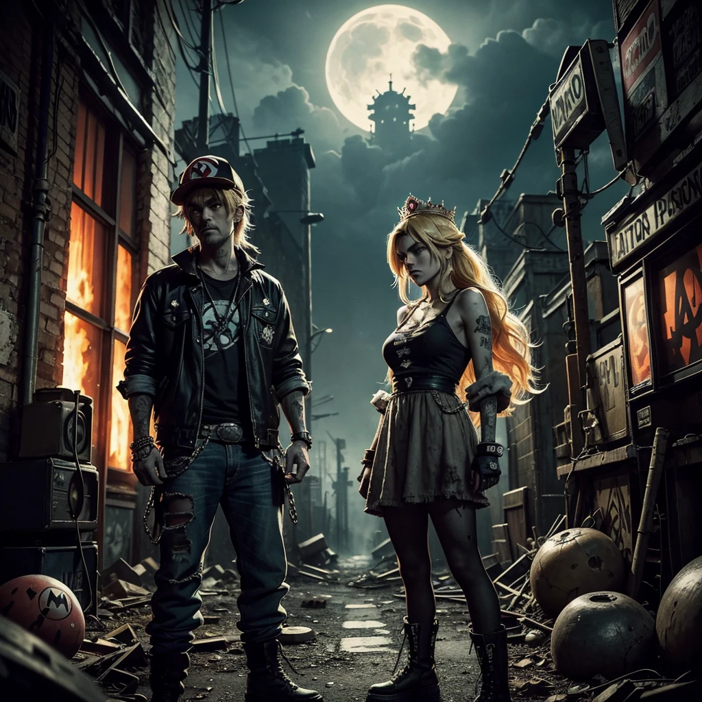 "Create a gritty, punk-style image featuring three characters: a distressed version of Princess Peach with long blonde hair, wearing a torn pink dress with a crown logo, and chains around her wrists. She stands between zombie-like versions of Mario and Luigi, both in their signature outfits but looking ragged and chained. The background is dark and grungy with a post-apocalyptic vibe. Include the 'Super Mario' and 'Super Nintendo' logos, a floating 1-Up mushroom, and other small details enhancing the dark theme. Use a detailed and somewhat grotesque comic book art style with heavy shading and textures."