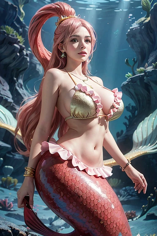 (Shirahoshi:1.2), (mermaid:1.2), scales of fish, light pink and red stripe scales, large scales, ((masterpiece:1.4, best quality)), ((masterpiece, best quality)), (photo realistic:1.4), 1girl, (giant woman), ((ultra gigantic tits)), Japanese actress, swim underwater, ((glossy skin, gold scale bikini, floating hair, light pink hair, long hair, hagoromo, jewelry, frills)), ((hair rings:1.2)), hair ornament, big black eyes, cute, young, swimming, cute smile, underwater: 1.2, from below, professional lighting, physically-based rendering, Shining necklace, ((Colossal tits)), huge breasts, 15 meter tall, colorful coral, Cowboy Shot, Top Quality, Rich Detail, Perfect Image Quality