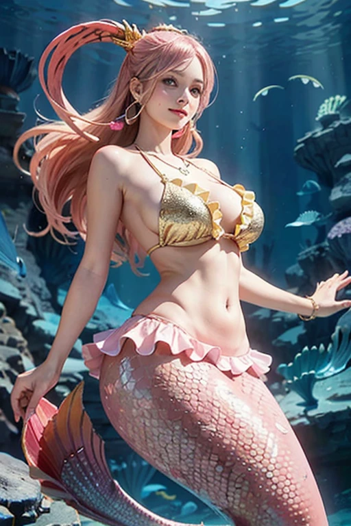 (Shirahoshi:1.2), (mermaid:1.2), scales of fish, light pink and red stripe scales, large scales, ((masterpiece:1.4, best quality)), ((masterpiece, best quality)), (photo realistic:1.4), 1girl, (giant woman), ((ultra gigantic tits)), Japanese actress, swim underwater, ((glossy skin, gold scale bikini, floating hair, light pink hair, long hair, hagoromo, jewelry, frills)), ((hair rings:1.2)), hair ornament, big black eyes, cute, young, swimming, cute smile, underwater: 1.2, from below, professional lighting, physically-based rendering, Shining necklace, ((Colossal tits)), huge breasts, 15 meter tall, colorful coral, Cowboy Shot, Top Quality, Rich Detail, Perfect Image Quality