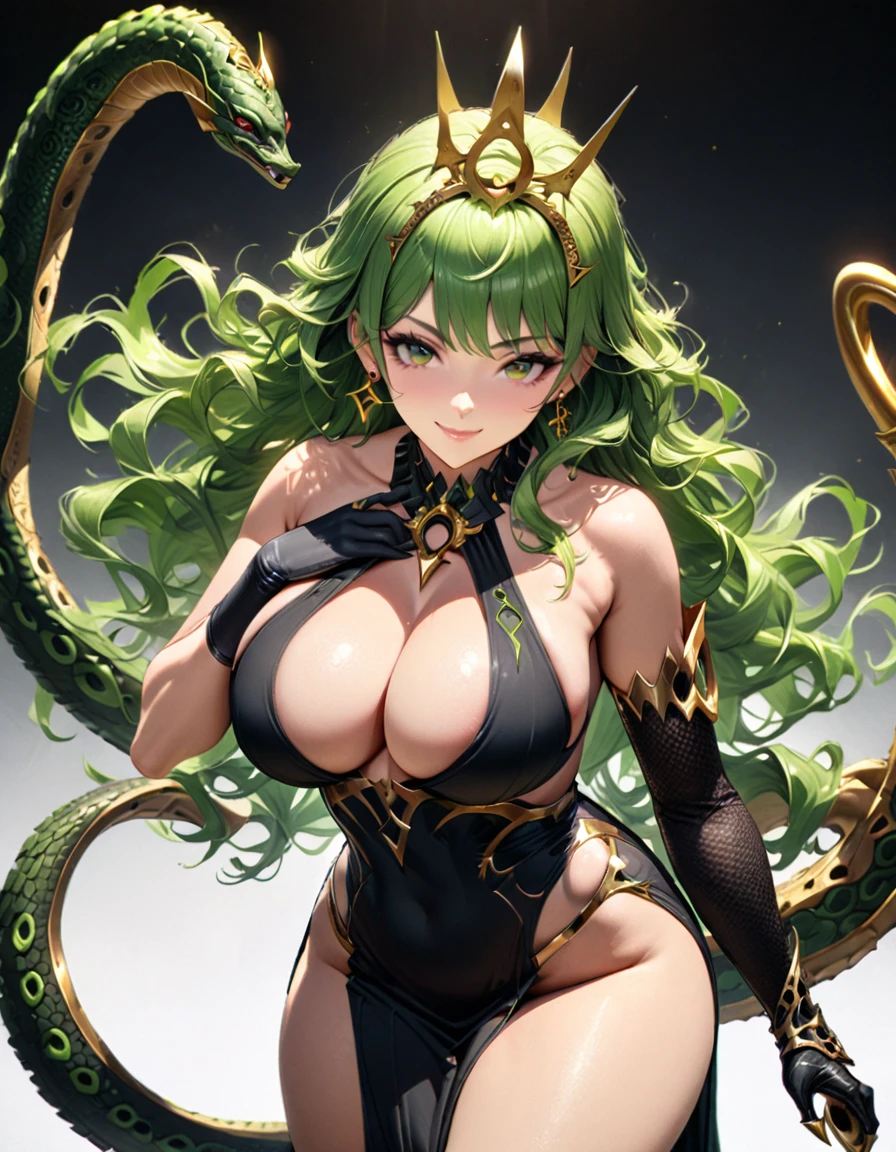 Detailed textures, high quality, high resolution, high accuracy, realism, color correction, correct lighting settings, harmonious composition. mobius, solo, green hair, naga the serpent, gloves, smile, long hair, white background, black gloves, looking at viewer, black dress, dress, claw ring, wavy hair, bangs, large breast, large breast, huge chests, bare shoulders, elbow gloves, sleeveless dress, sleeveless, asymmetrical gloves, jewelry, green eyes, cleavage, mismatched gloves, crown, earrings, cowboy shot, single sleeve, single earring, breedable hips, milf, mature