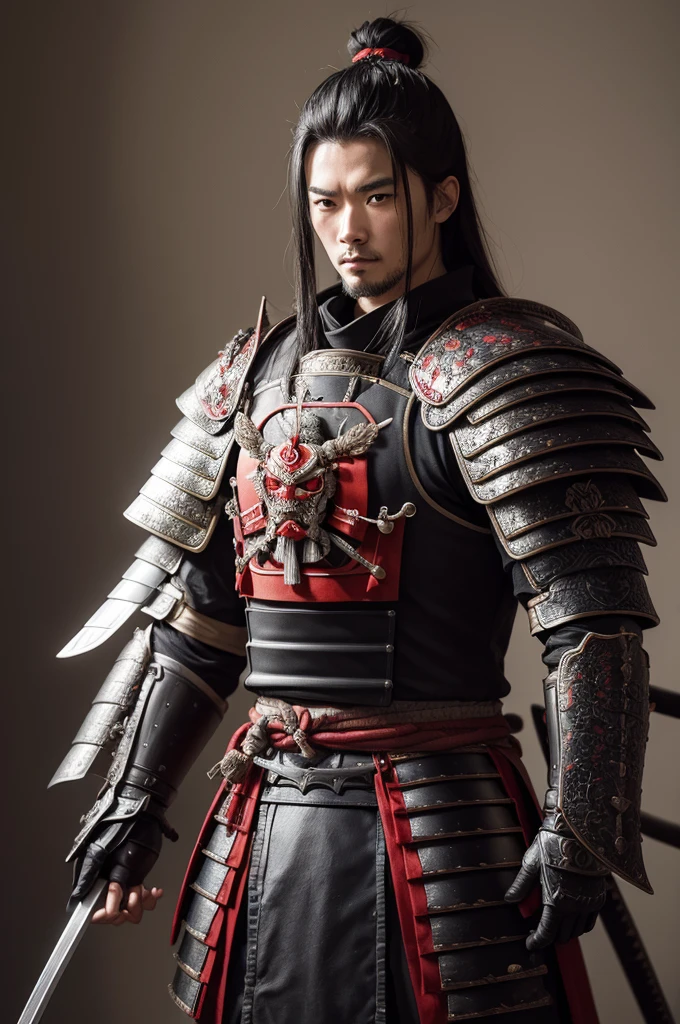 A samurai with full armor on his side, just the sirouette shown