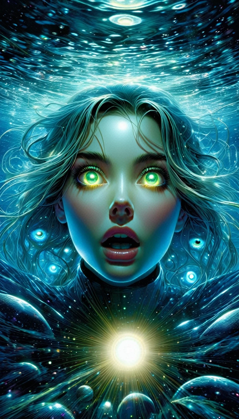 Underwater, undersea,insanely detailed,extremely detailed illustration,(ultra-highres),(ultra-detailed),perfect anatomy,sharp focus, Top quality, super detailed, ((very delicate and beautiful)), illustration, perfect design, ((detailed background)) , (lens flare), (chromatic aberration), (depth of field),(rembrandt lighting:1.2), Two women,bare shoulder,cleavage, pelvic curtain, (Surprised:0.6), impatient, from above, frightened,a little sweat, Strong wind blowing, psychic phenomenon investigators, beautiful, cute, kawaii, mist,sea moon,cats,rabbit,partially submerged,luminescence big eyeballs,, eyeballs mirror house investigation, midnight, dark, lit only with handheld flashlight, basement, dark, narrow, eerie, tense, scary, antique,luminescence eyeballs , midnight basement, dark space with no exterior light, dark with no overall light, (Close-up of the upper body:1.2), (masterpiece:1.2),(best quality:1.2),newest,intricate details, ai-generated,Bill Sienkiewicz and Dave mcKean inspired art