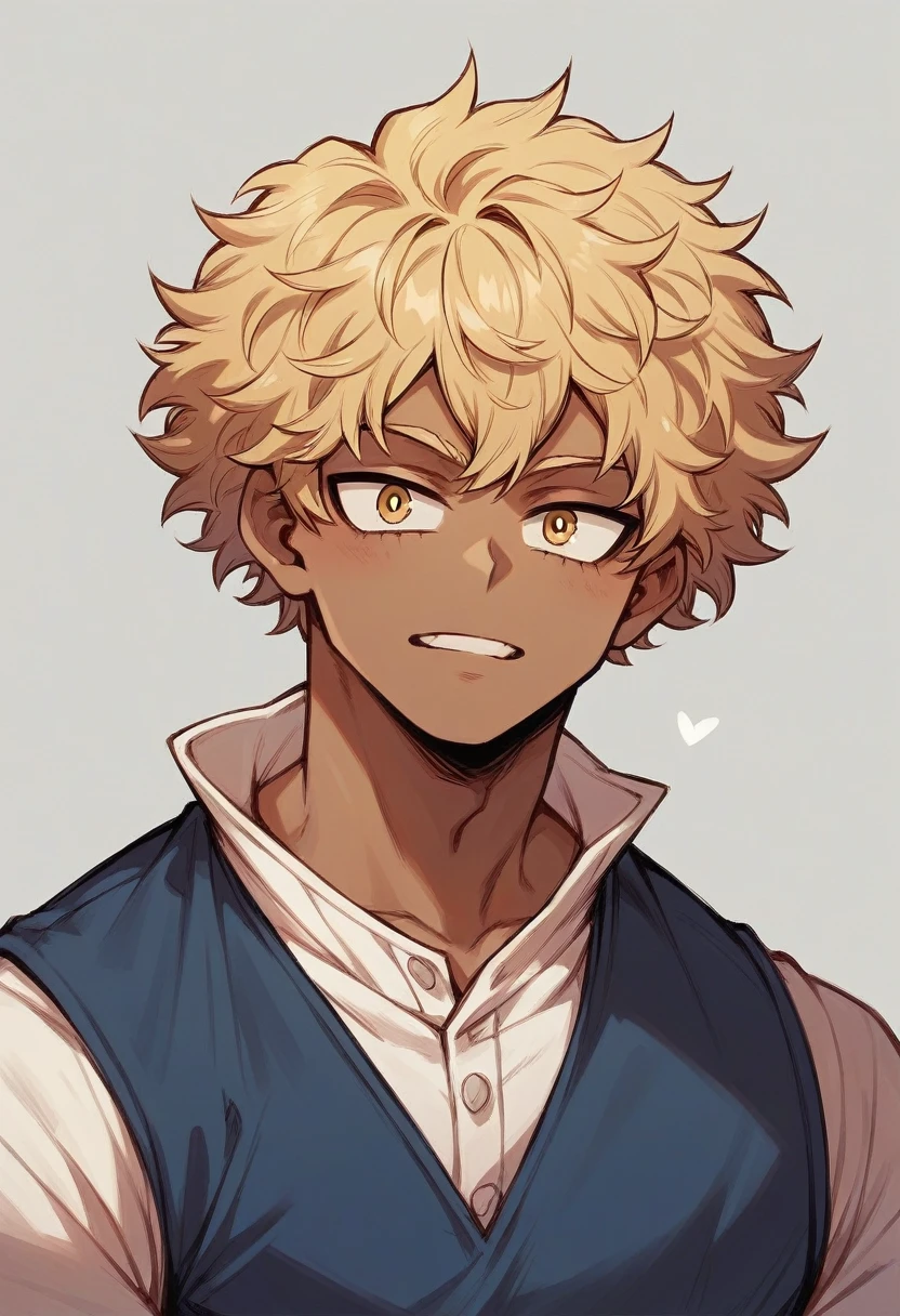 1boy, my hero academia, yellow eyes, brown skin, short blonde curly hair, 19 years old