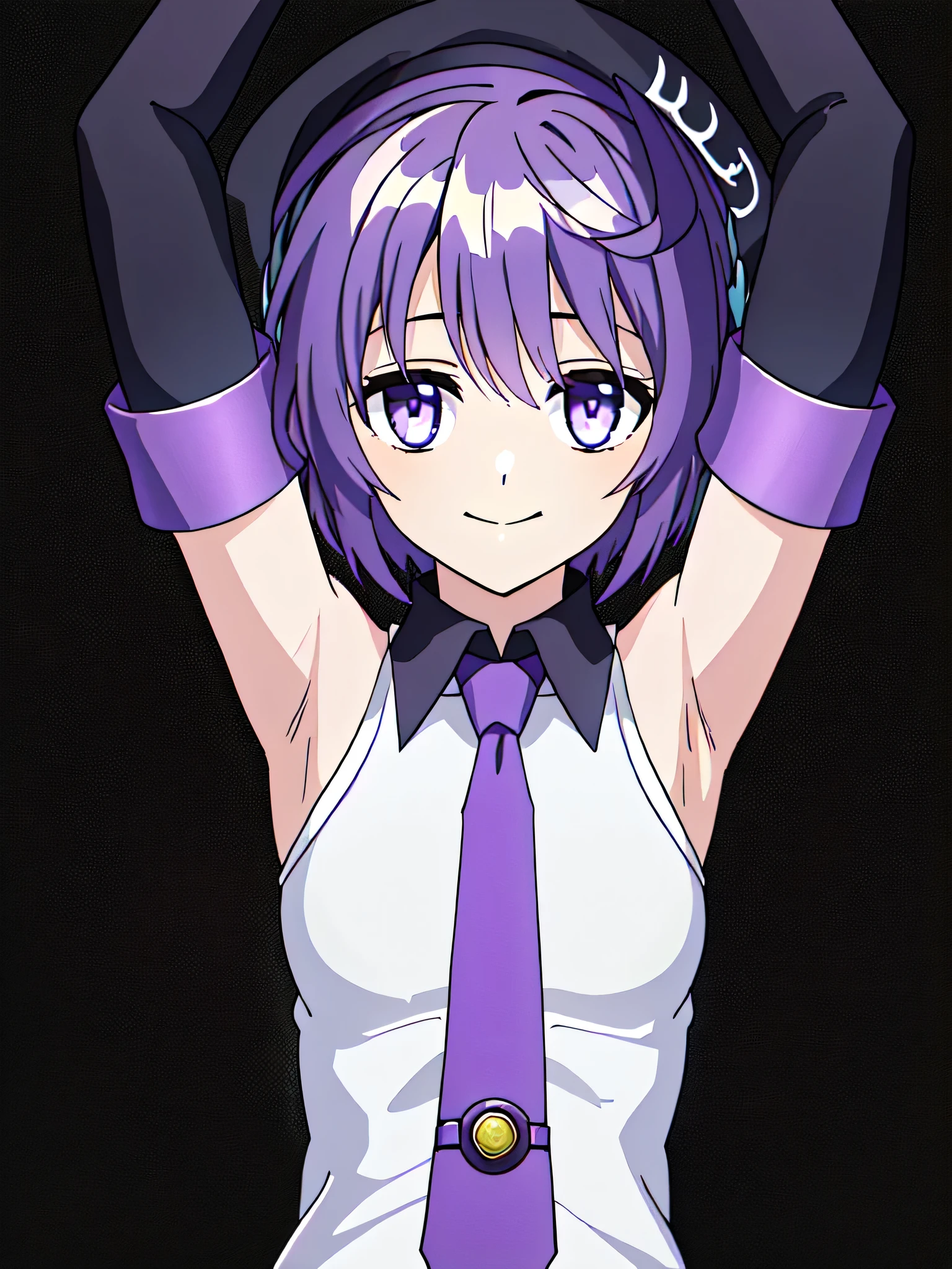 purple beret, (purple necktie:1.3), short hair, purple hair, purple eyes, (small breasts:1.1), (robot_ears:1.3), shirt, (white shirt:1.3), collared shirt, collar, black collar, sleeveless shirt, bare shoulders, sleeves, detached sleeves, (black detached sleeves:1.3), (bangs:1.5), 1girl, solo, anime screencap, frontlighting, (simple background, black background, dark background:1.3), masterpiece, absurdres, hdr, soft light, best quality, detailed, highres, shiny skin, shiny hair, (looking at viewer, eye contact with viewer:1.5), light smile, (closed mouth:1.2), arms up, raised arms, armpits, in the center, symmetrical, upright,