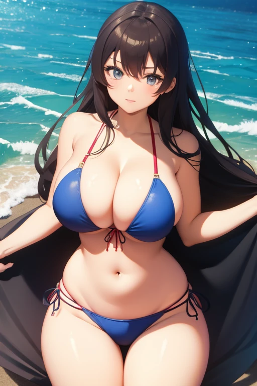 Anime girl, solo, facing front, bikini, extremely huge breast, extremely thick thighs