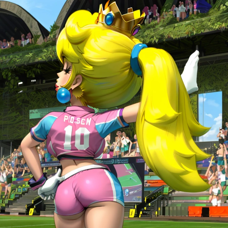 masterpiece, best quality, 4k, high res, detailed, cartoon, cartoon artstyle, anime, 1girl, solo, detailed face, highest quality, 1girl, solo, long hair, breasts, blue eyes, blonde hair, ponytail, earrings, crown, princess peach, pink lipstick, eyes closed, head turned to the side, wearing pink sports shorts and pink short-shorts, white gloves with purple cuffs, wide hips, narrow waist, hourglass figure, round ass, left hand on hip, right hand raised up, (back shot:1.3), shot taken from behind, outdoors, detailed, detailed background, soccer stadium, crouds of people in the bleachers
