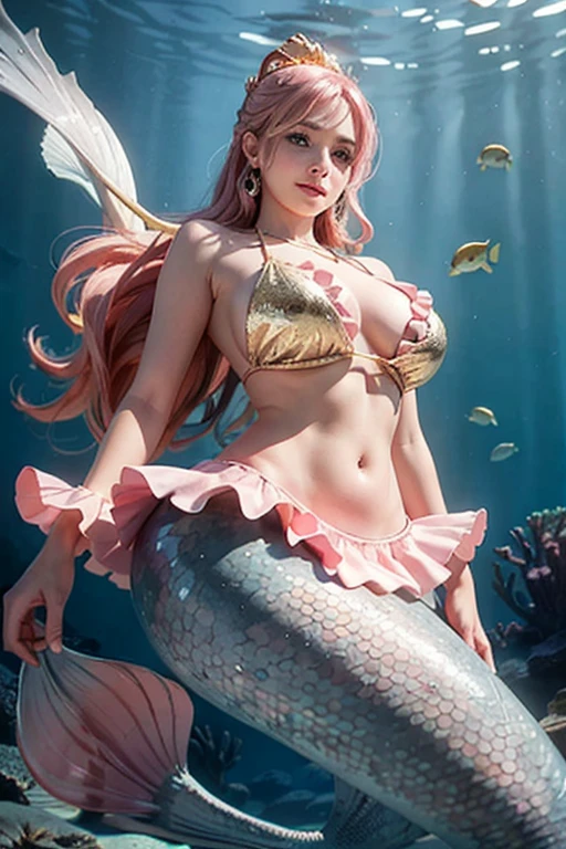 (Shirahoshi:1.2), (mermaid:1.2), scales of fish, light pink and red stripe scales, large scales, ((masterpiece:1.4, best quality)), ((masterpiece, best quality)), (photo realistic:1.4), 1girl, (giant woman), ((ultra gigantic tits)), Japanese actress, swim underwater, ((glossy skin, gold scale bikini, floating hair, light pink hair, long hair, hagoromo, jewelry, frills)), ((hair rings:1.2)), hair ornament, big black eyes, cute, young, swimming, cute smile, underwater: 1.2, from below, professional lighting, physically-based rendering, Shining necklace, ((Colossal tits)), huge breasts, 15 meter tall, colorful coral, Cowboy Shot, Top Quality, Rich Detail, Perfect Image Quality