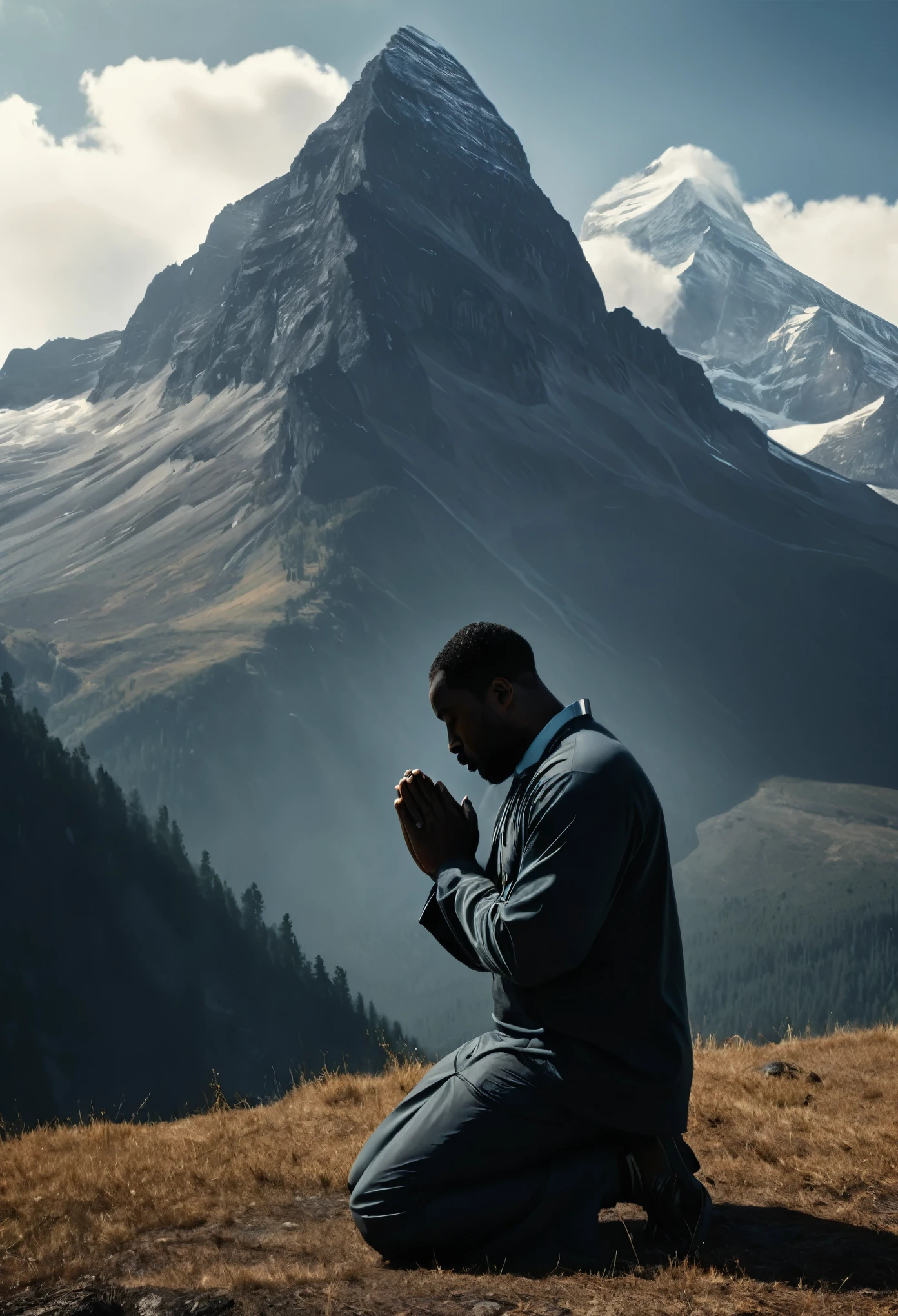 very large intimidating mountain filling most of the frame ,with a black man , on his knees in prayer at its base , cinematic ,HD, stylized image
