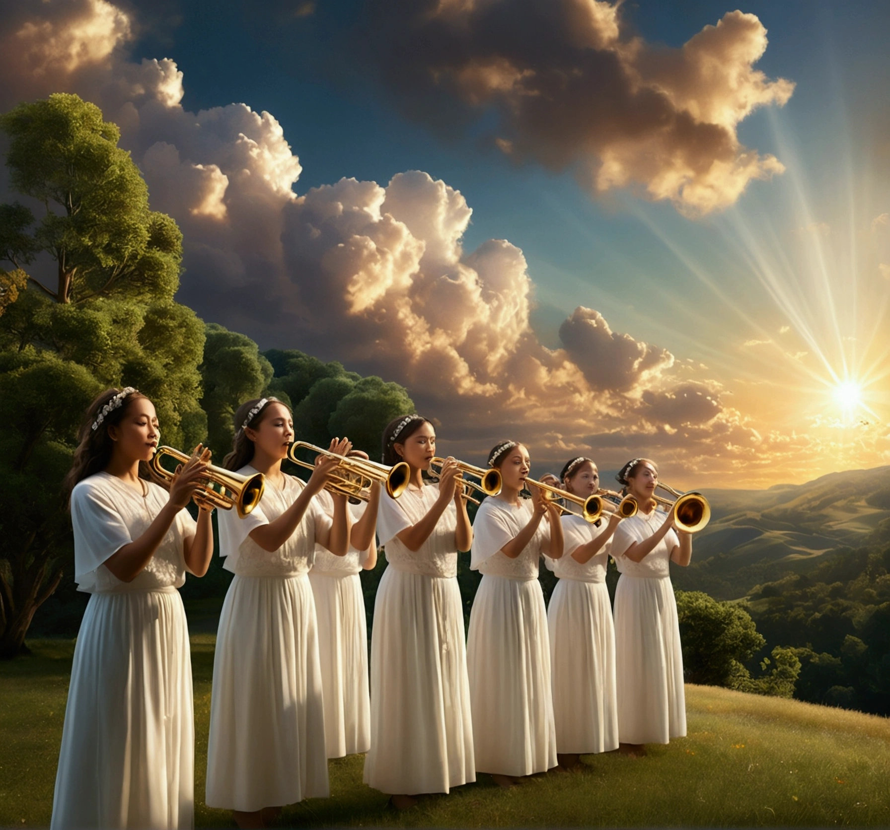 a divine angelic choir playing trumpets, ethereal celestial beings, heavenly landscapes, serene pastoral scenes, lush rolling hills, pristine forests, glowing golden light, shimmering celestial orbs, intricate cloud formations, dramatic chiaroscuro lighting, radiant heavenly atmosphere, masterful photorealistic rendering, impeccable attention to detail, (best quality,8k,highres,masterpiece:1.2),ultra-detailed,(realistic,photorealistic,photo-realistic:1.37),dramatic lighting,heavenly orchestral soundtrack