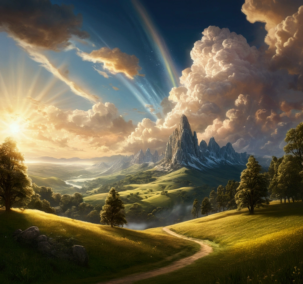 a divine angelic choir playing trumpets, ethereal celestial beings, heavenly landscapes, serene pastoral scenes, lush rolling hills, pristine forests, glowing golden light, shimmering celestial orbs, intricate cloud formations, dramatic chiaroscuro lighting, radiant heavenly atmosphere, masterful photorealistic rendering, impeccable attention to detail, (best quality,8k,highres,masterpiece:1.2),ultra-detailed,(realistic,photorealistic,photo-realistic:1.37),dramatic lighting,heavenly orchestral soundtrack