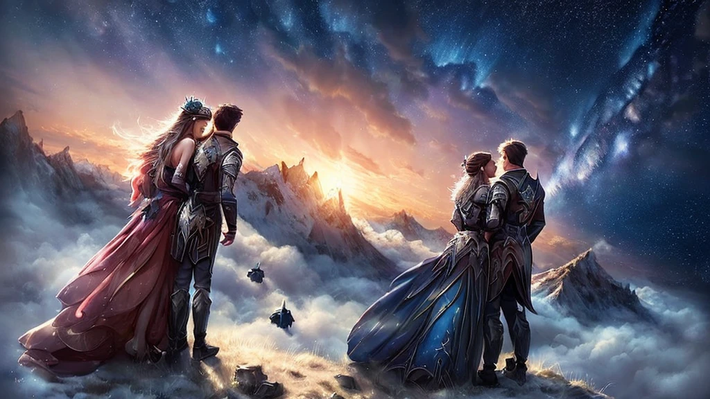 (((masterpiece))),Best Quality, illustration, sky, cloud, star \(symbol\),1 man, 1 girl, couple, intimate, lovers, evening, officer, evening sky, star y sky, Vibrant color scheme, luz outfit,(warm color:1.2),watercolor painting, light background, Best Quality exquisite details, 3D rendering,r octane straightening, plano general, from behind