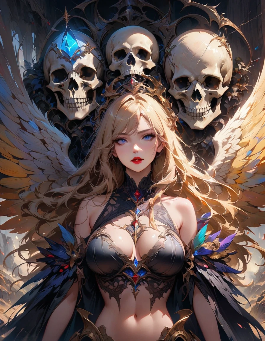 Detailed textures, high quality, high resolution, high accuracy, realism, color correction, correct lighting settings, harmonious composition. a digital illustration of a woman with angelic wings on a battlefield, 1girl, skull, breasts, navel, solo, long hair, blue eyes, looking at viewer, skeleton, large breasts, wings, red lips, blonde hair,skull