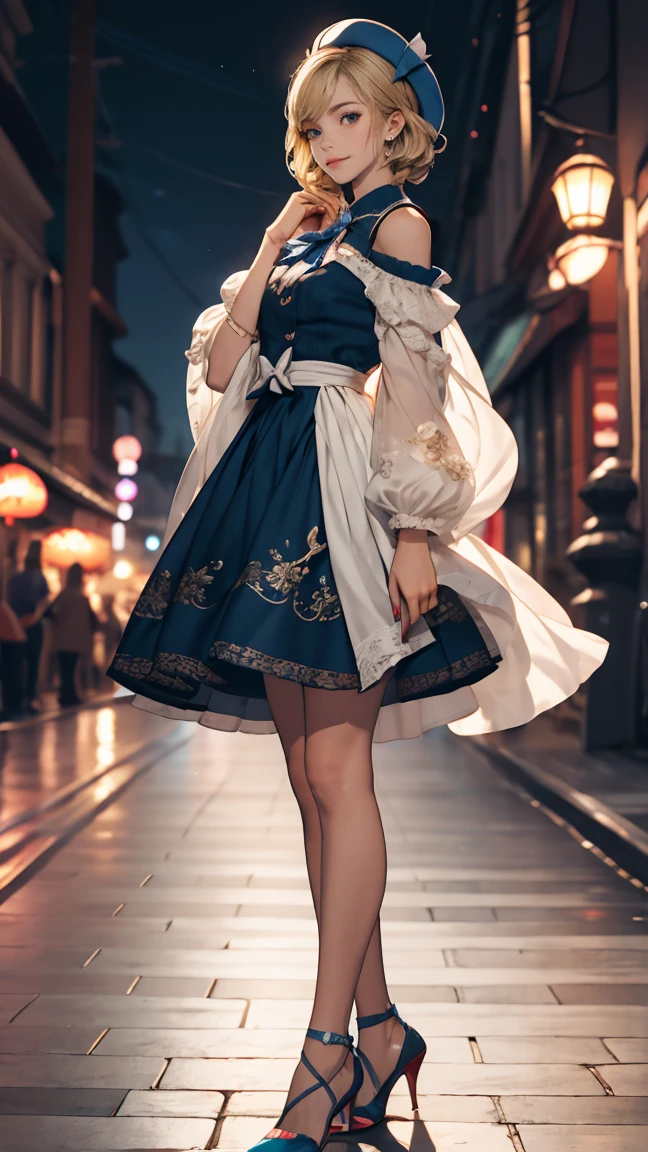 Uekura, One Girl, blonde, White Background, have, dress, Blue footwear, wing, Simple Background, sign, flower, Manicure, Wide sleeves, Long sleeve, blush, animal, white flower, alone, whole body, bird, View your audience, High heels, Put your hand on your cheek, Put your hands on your face, Frills, bow, bangs, ribbon, Bell, Blue hat, +_+, shoes下, short hair, Grey Eyes, shoes, Blue Claws, feathered wing, blue bow