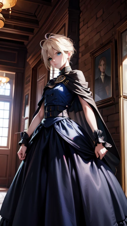 (work of art, best qualityer:1.2), expressive eyes, face perfect, high resolution, 1 boy, standing alone, (home:1.5), struggle, shorth hair, White cloack, cape over the shoulder, high collar short sleeves, waist belt, clamp, standing, portraite, looking ahead at viewer, russet hair,, shining blue eyes, holding an epée, BURNING SCENERY