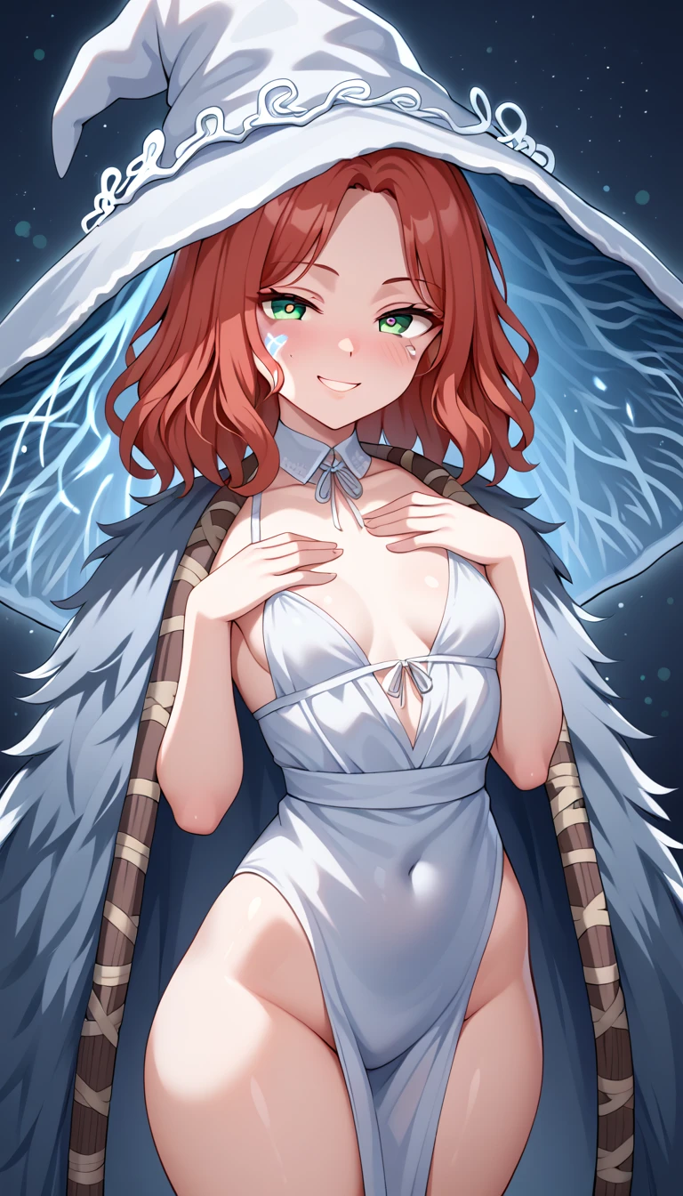 1 Girl, Small Breasts, Green Eyes, Heart Eyes, Deep Red Hair, Short Hair Style, Pale White Skin, Smooth Skin, Face Freckles, Slutty, Sexy, Sassy, Smirking, Tease, Teasing, Teasing, Sexy Pose, Young Girl, Very Small Girl, , Cosplay Ranni the Witch from Elden Ring